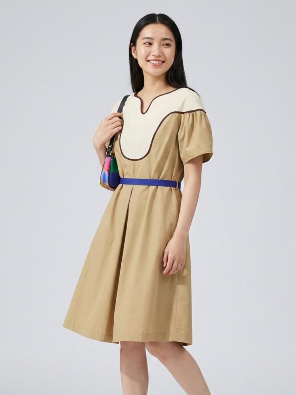 NWT O’2nd X Uniqlo A-Line Dress Cream and White Colorblock Size M
